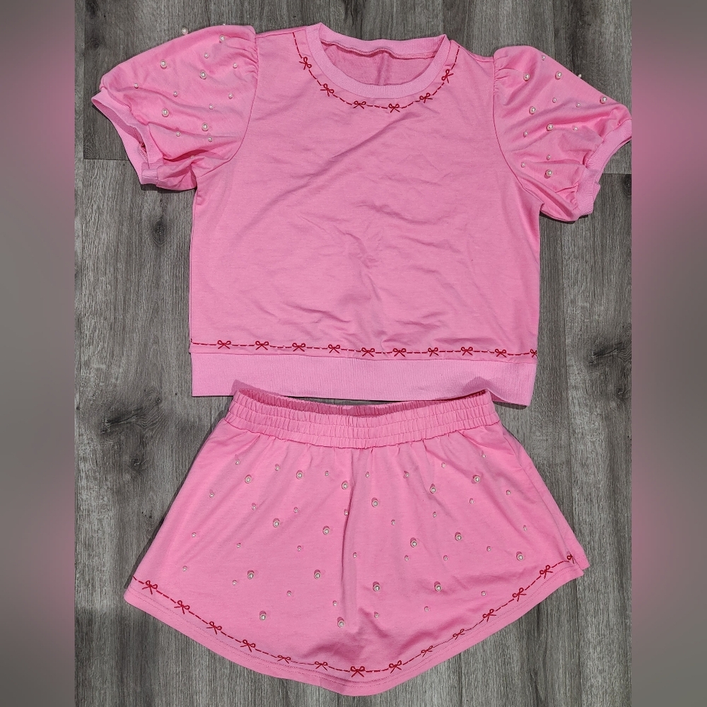 Pink Embroidered Women's Skort Set With Pearls & Bows Perfect For The Holiday